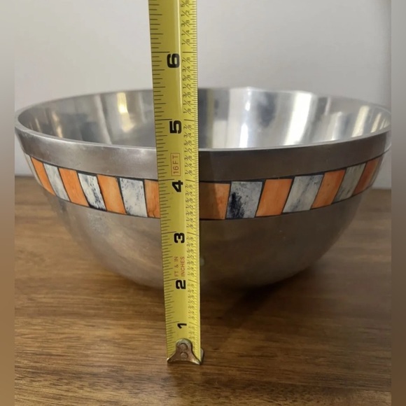 Polished Pewter Metal LARGE Bowl with Mother of Pearl Detail - Picture 7 of 8